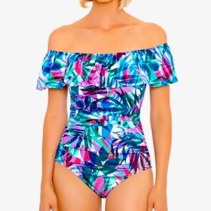 Plus Size- Cute Swim Solutions off the shoulder one piece multi color swimsuit.